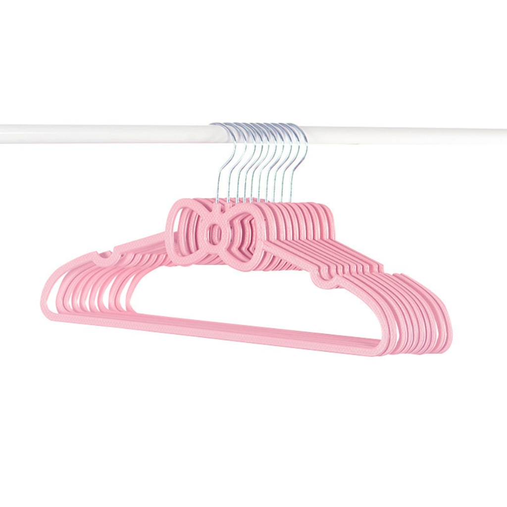 ไม้แขวนเสื้อ สีชมพูลายโบว์ (10อัน) ไม้แขวนเสื้อผู้ใหญ่ Cloth Hanger