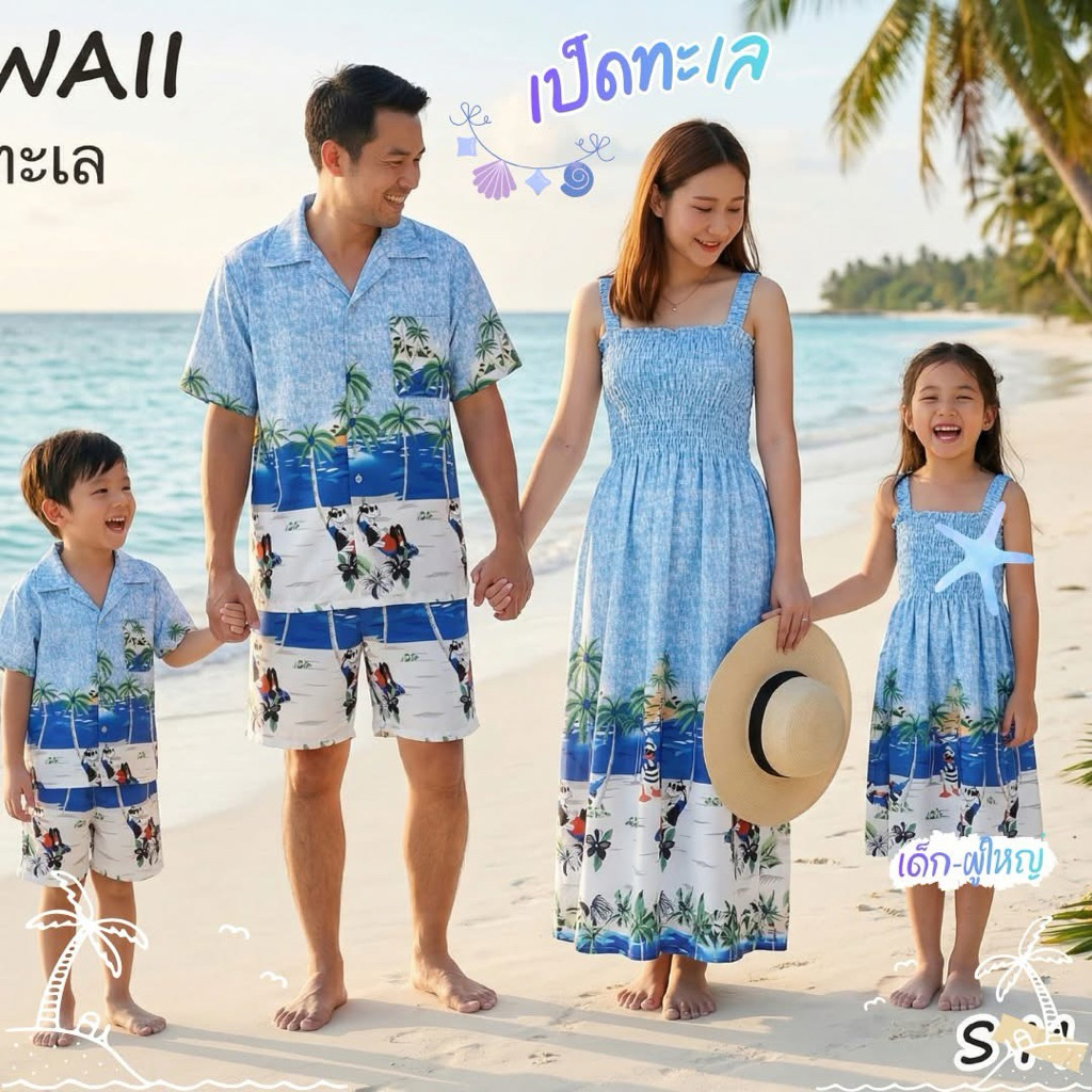 ชุดครอบครัว เสื้อฮาวาย เซ็ตฮาวายเด็ก เดรสผู้ใหญ่/เด็ก #ลายเป็ดทะเล