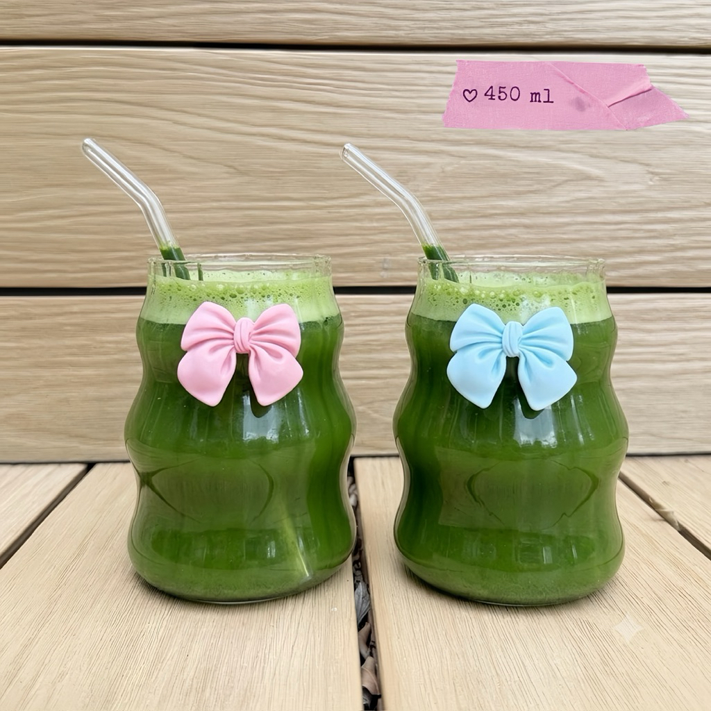 แก้วน้ำ วัสดุแก้ว 450 มล โบว์สีชมพู พร้อมหลอด แก้วกาแฟ