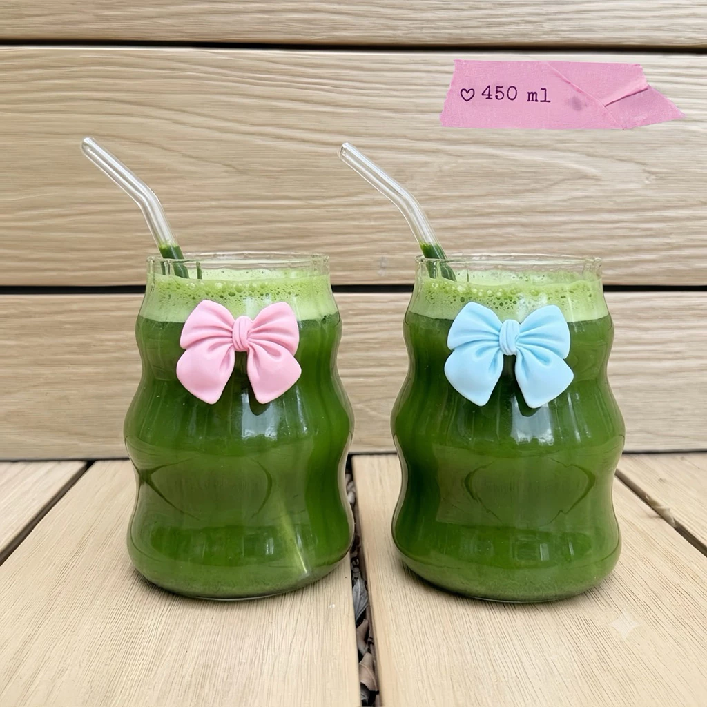 แก้วน้ำ วัสดุแก้ว 450 มล โบว์สีชมพู🎀 พร้อมหลอด แก้วกาแฟ ส่งจากกรุงเทพ