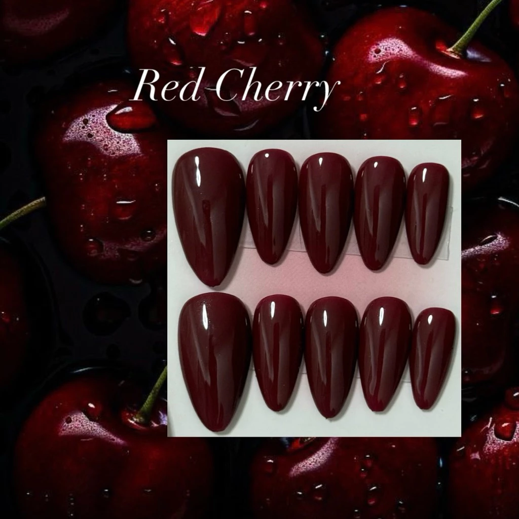 เล็บปลอมเจลสีแดงเชอร์รี่ Red Cherry แดงกล่ำ 🍒 🍒✨🍃 1-2วันจัดส่ง (มือ,เท้า)