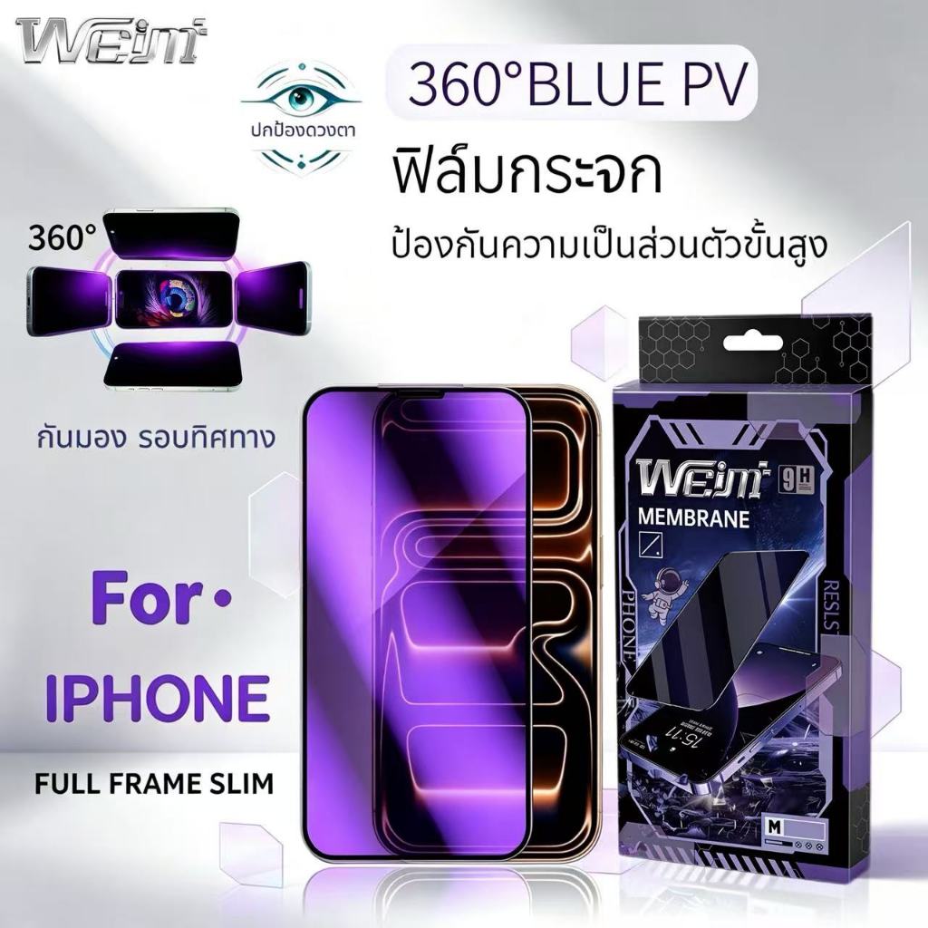 ฟิล์มกระจกนิรภัยถนอมสายตา BLUE-PV 360°กันเสือก กันมอง PV IPhone 17pro 17promax 16pro 15pro 14pro 13/13pro