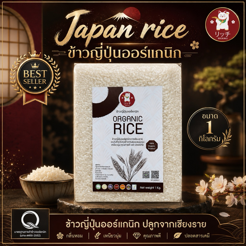 ข้าวญี่ปุ่น ออแกนิกเกรด A แท้ 100% บรรจุ 1 kg. แพ็คสูญญากาศ ราคาถูก