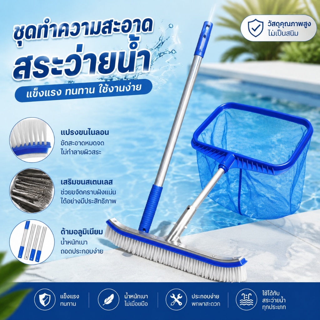 แปรงทำความสะอาดสระว่ายน้ำ แปรงขัดสระน้ำ อลูมิเนียม 18นิ้ว stainless steel Pool brush for cleaning swimming pool tiles