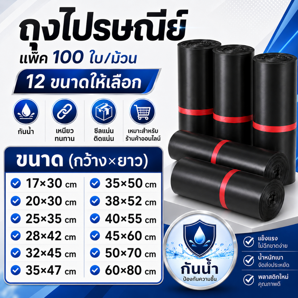 ซองไปรษณีย์พลาสติก แพ็ค 100 ใบ หนา ทนทาน กันน้ำ ถุงแพ็คสินค้าสำหรับพ่อค้าแม่ค้าออนไลน์