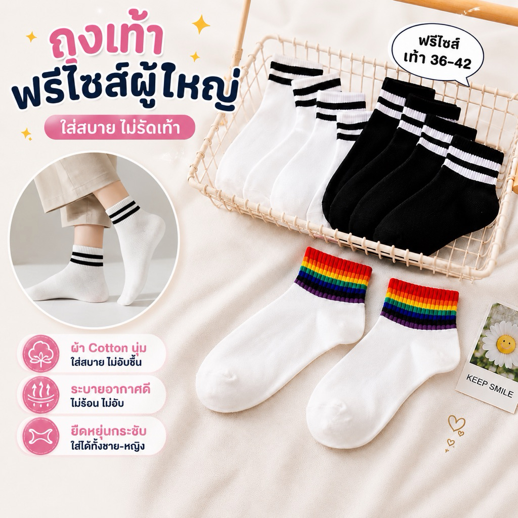 ถุงเท้าข้อสั้น คาดสี ขนาดฟรีไซต์ (ใส่ได้ทั้งชายและหญิง)