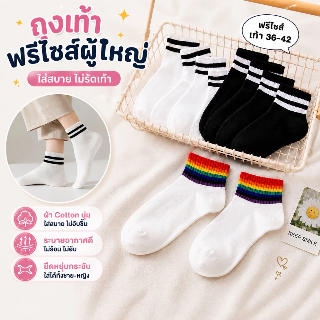 ถุงเท้าข้อสั้น คาดสี ขนาดฟรีไซต์ (ใส่ได้ทั้งชายและหญิง)
