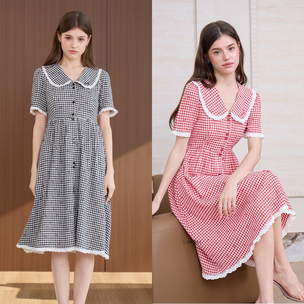 Cheryl brand - Martha Collar Lace Dress in Black Scott Print / เดรสผ้าพิมพ์ลายสก็อตสีดำ