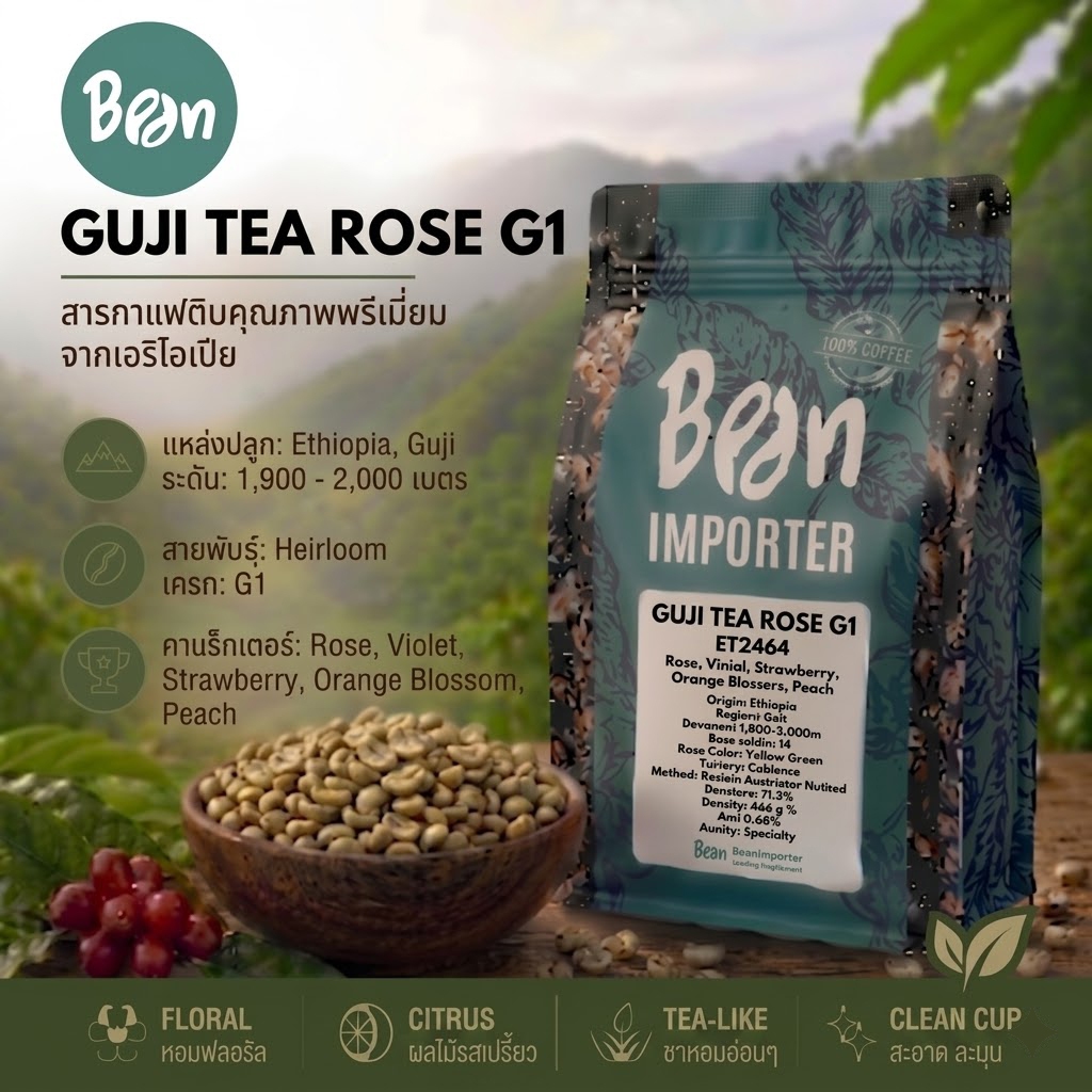 สารกาแฟ/เมล็ดกาแฟดิบ/Green bean(ET2464) อาราบิก้า เอธิโอเปีย Ethiopia Guji Tea rose G1  - 1Kg. Bean Importer