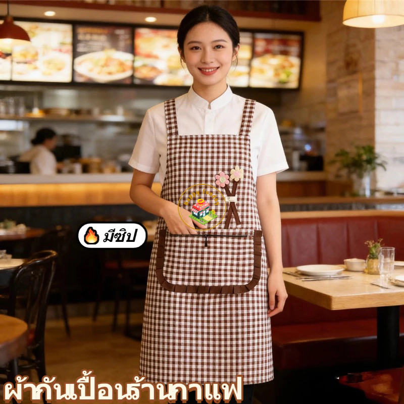 ผ้ากันเปื้อนทำงานพร้อมกระเป๋าซิป ทำจากผ้าฝ้ายแท้ ตกแต่งด้วยลูกไม้ กันน้ำและกันคราบสกปรก เหมาะสำหรับร้านกาแฟ