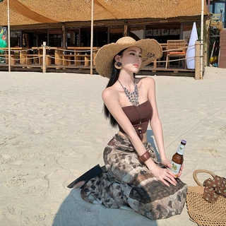 ชุดว่ายน้ำ bikini ลายสก็อต สไตล์โบฮีเมียน เรโทร สีน้ำตาล เมลาร์ด ชุดไปทะเล ฤดูร้อน สไตล์หลากหลาย