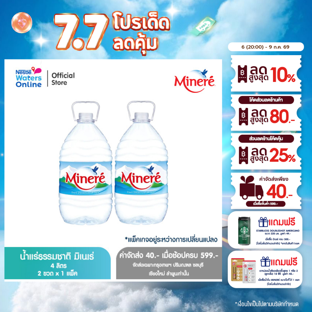 [จัดส่งกรุงเทพฯ ปริมณฑล ชลบุรี เชียงใหม่ ลำพูน] น้ำแร่ธรรมชาติมิเนเร่ 4ล. (2 ขวด)