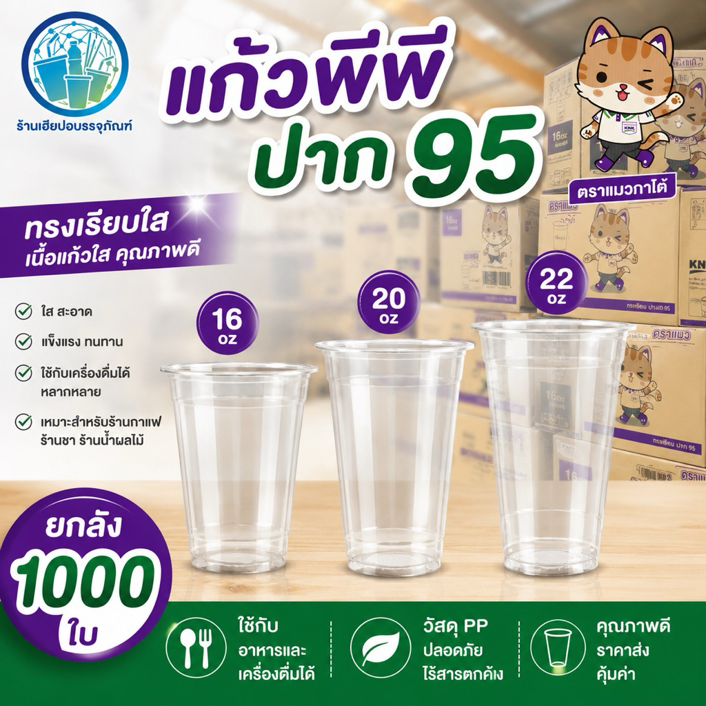 แก้วพีพีปาก95 ทรงเรียบใส ขนาด 16 oz. 20 oz. 22 oz. ตราแมวกาโต้ ยกลัง 1,000 ใบ