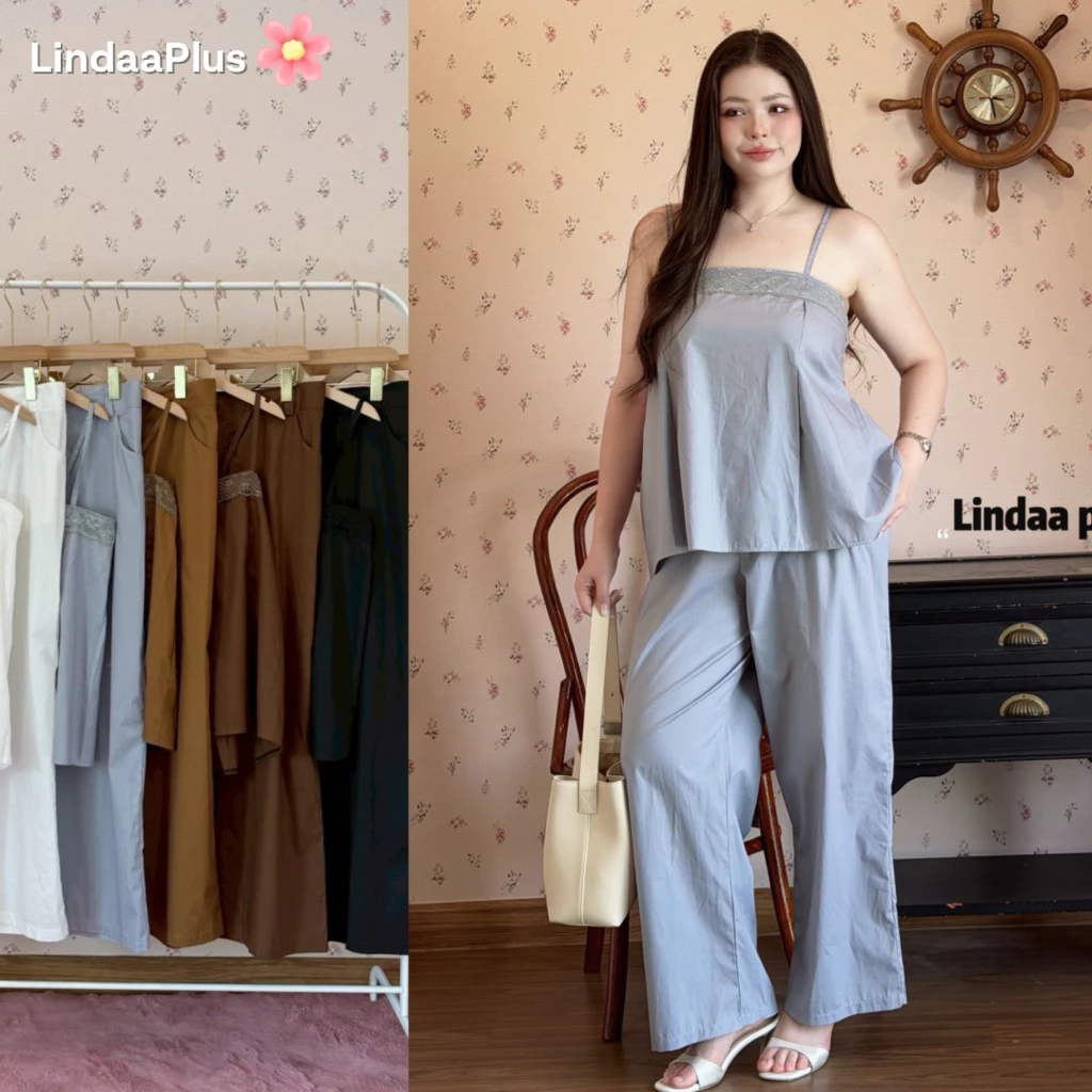 LindaaPlus-- ชุดเซ็ตเสื้อสายเดี่ยว+กางเกงขายาว 🍃 งานผ้าคอตตอนอย่างดี ใส่สบาย สายเดี่ยวแต่งลูกไม้ งานเรียบหรู ดูแพง