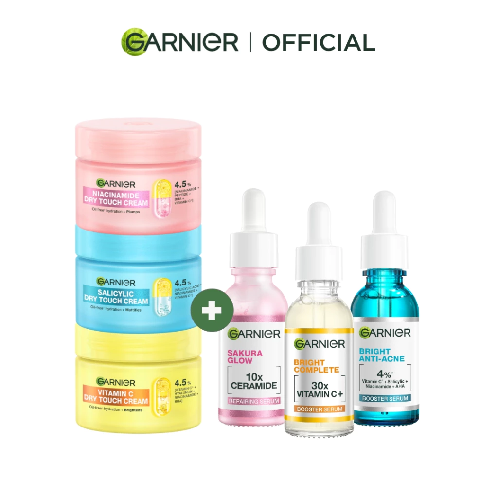 [เซตสุดคุ้ม] ซาลิไซลิคดรายทัชครีม + เซรั่ม 30มล. Garnier, ครีมบำรุงผิวหน้า ครีมทาหน้า ครีมโมจิผิวเด้งนุ่มกระจ่างใส