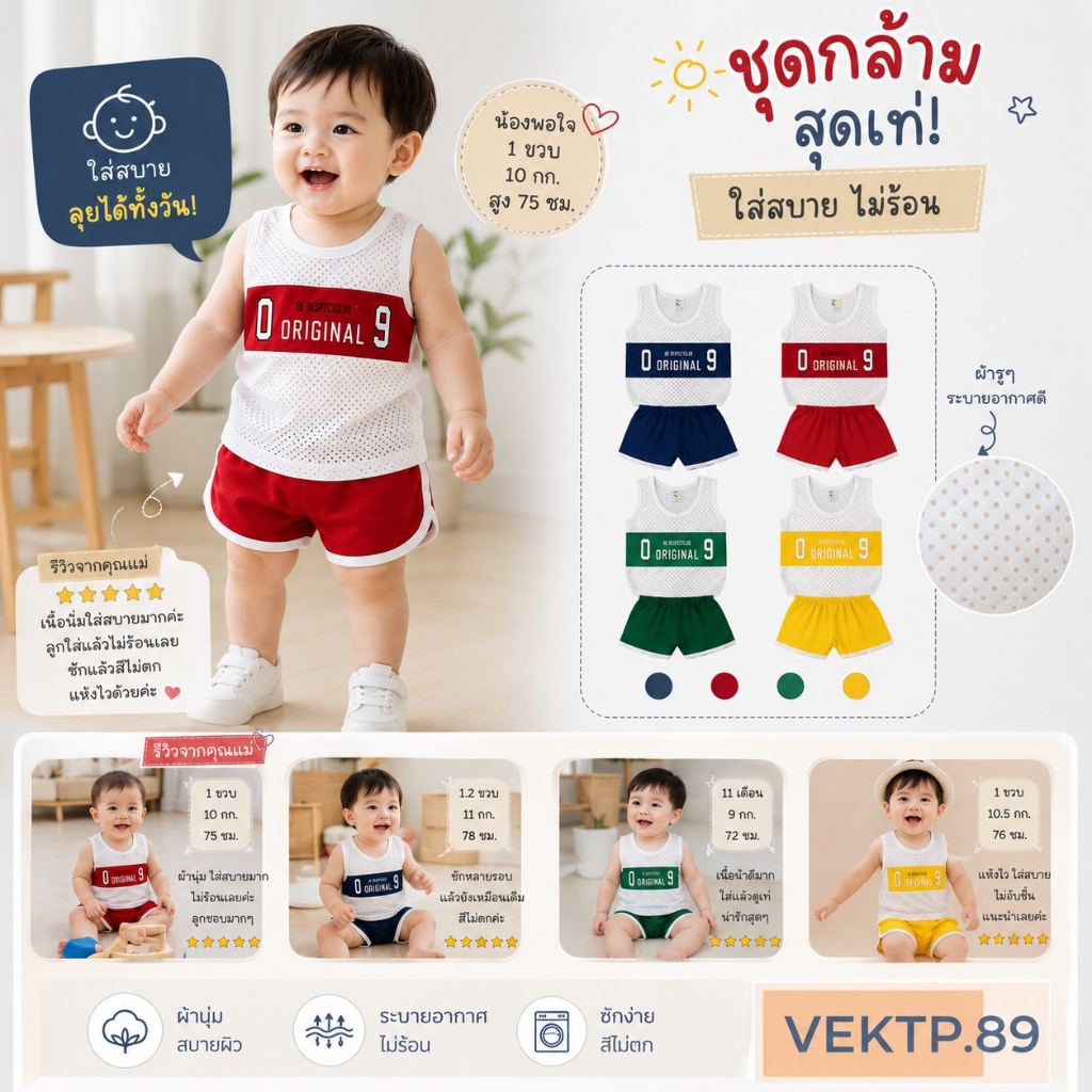 (KIDS) ชุดเด็ก ชุดกีฬากล้ามเด็ก เสื้อขาวตาข่าย  (เลือกสี/ร้านคละแบบ) แนะนำดูรอบอกเสื้อเป็นหลัก