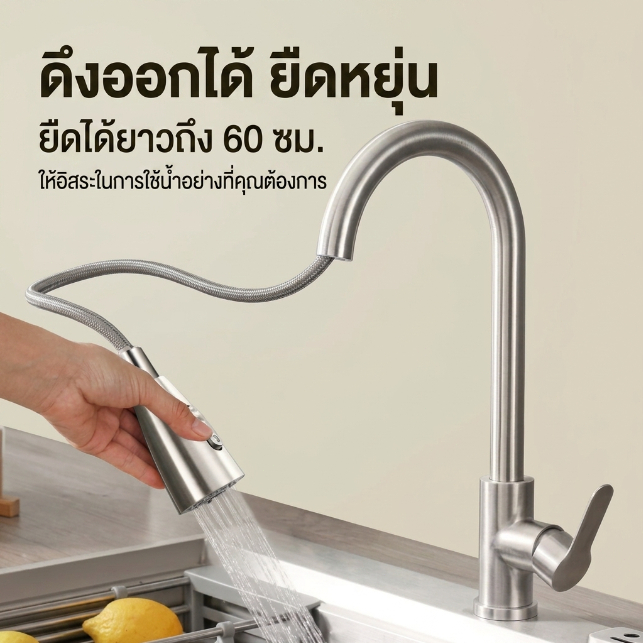 ก๊อกน้ำสแตนเลส 304 สามารถพับเก็บได้และดึงยาวก๊อกน้ำล้างจานง่ายหมุนได้ 360 องศาแข็งแรงทนทานและป้องกันการกัดกร่อน
