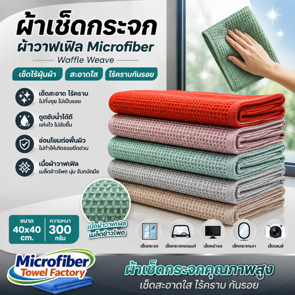 ผ้าเช็ดกระจก ผ้าวาฟเฟิล Microfiber Waffle Weave เมล็ดข้าวโพด ขนาด 40x40 300 กรัม เช็ดไร้ฝุ่นผ้า สะอาดใส ไร้คราบกันรอย