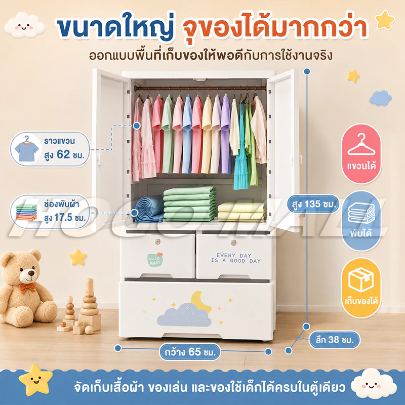 HOGO ตู้เสื้อผ้าเด็ก พับเก็บได้ ตู้เสื้อผ้า ตู้เก็บของ ลายการ์ตูน พร้อมล้อเลื่อน ประตูคู่ ลิ้นชัก thumbnail 9