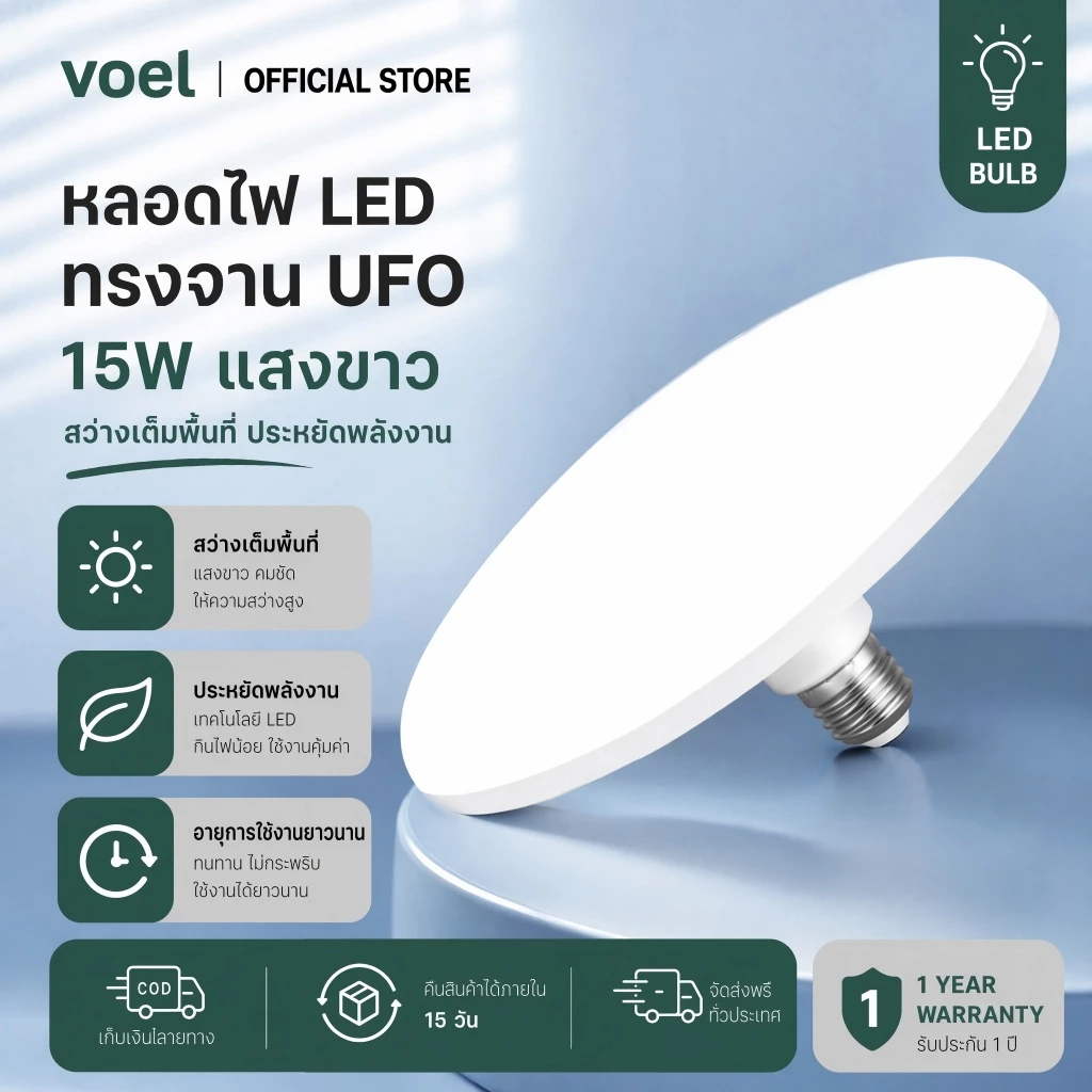 Voel หลอดไฟ LED 220V E27หลอดไฟ LED สว่างจ้า15W UFO โคมไฟแสงสีขาวเย็นตั้งโต๊ะในร่มไฟโรงรถ