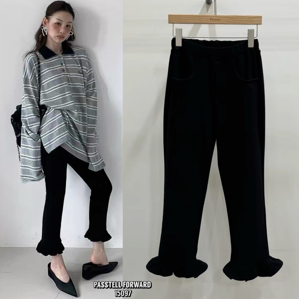 📍พร้อมส่ง📍90602 Korea ruffle cropped skinny กางเกงสกินนี่ดีเทล แต่งขาระบายน่ารักมากค่า ผ้ายืดกระชับใส่สวยมาก ทรง7ส่วน