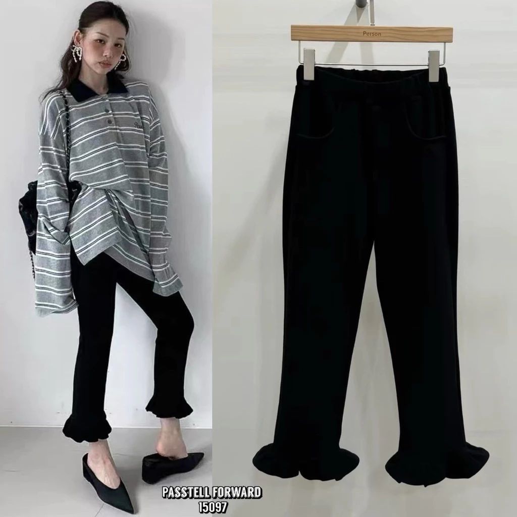 📍พร้อมส่ง📍90602 Korea ruffle cropped skinny กางเกงสกินนี่ดีเทล แต่งขาระบายน่ารักมากค่า ผ้ายืดกระชับใส่สวยมาก ทรง7ส่วน