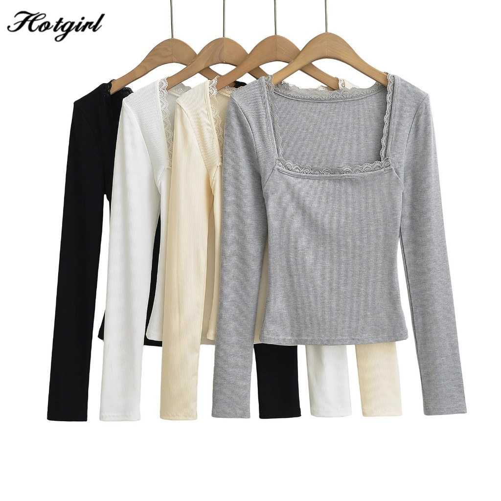 Hotgirl พร้อมส่ง เสื้อยืดแขนยาวผู้หญิง เสื้อยืดเข้ารูปทรงผู้หญิง ปลอกคอสี่เหลี่ยมแผงลูกไม้ ทรงสลิมฟิตหรูหราสไตล์ฝรั่งเศส