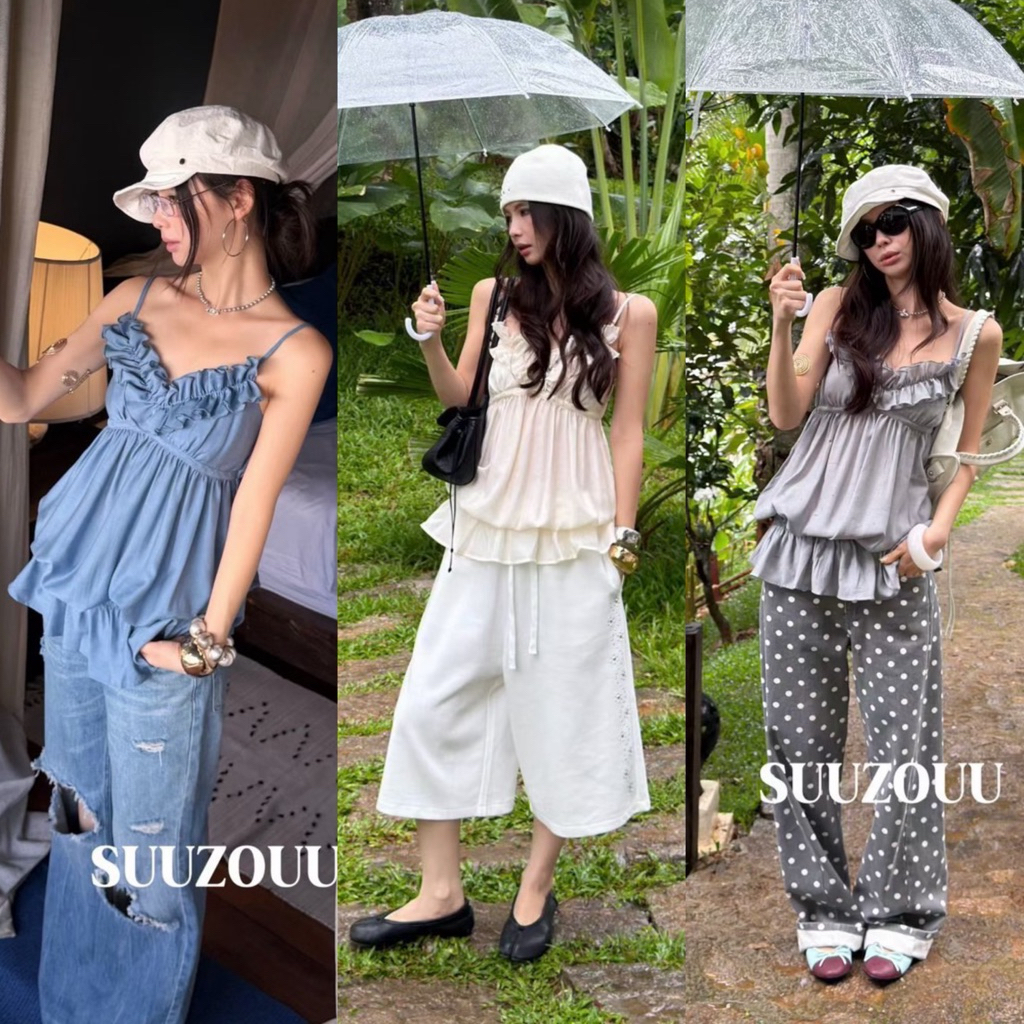 #SU291 🇰🇷เสื้อสายเดี่ยว แต่งระบายฟูๆ เพิ่มความหวานแบบกำลังดี ผ้าดีใส่สบาย ใส่เที่ยวคาเฟ่ Tag MMfish🇰🇷