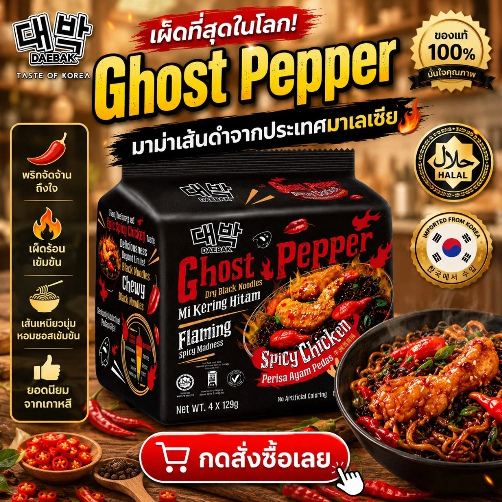 (ถูกที่สุด พร้อมส่ง)💥 1แพ็ค มี4ซองย่อย มาม่าผีบอก โกสเปปเปอร์ เส้นดำเผ็ดที่สุดในโลก🔥ซอง 129g