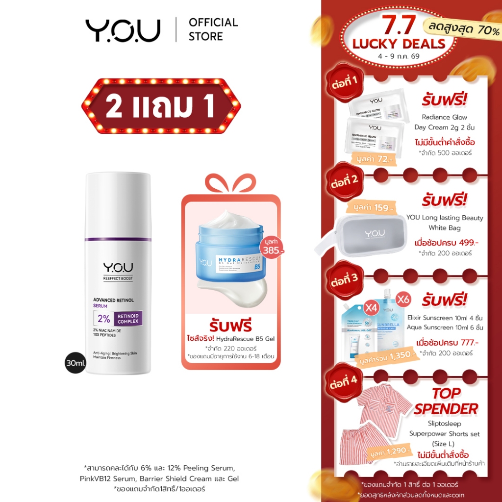 YOU Advanced Retinol Serum 30ml. เซรั่มเรตินอล 2% ผิวกระจ่างใส เรียบเนียน อ่อนเยาว์ ไม่ระคายเคืองผิว