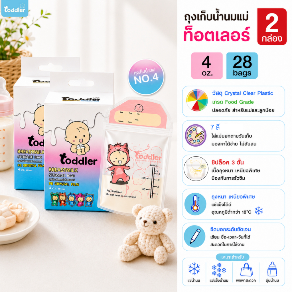 (2กล่อง ขายดี) Toddlerfamily ถุงเก็บน้ำนม ถุงเก็บนมแม่ ถุงหนา ขนาด 4 ออนซ์ 28 ใบ แรกเกิด-4เดือน