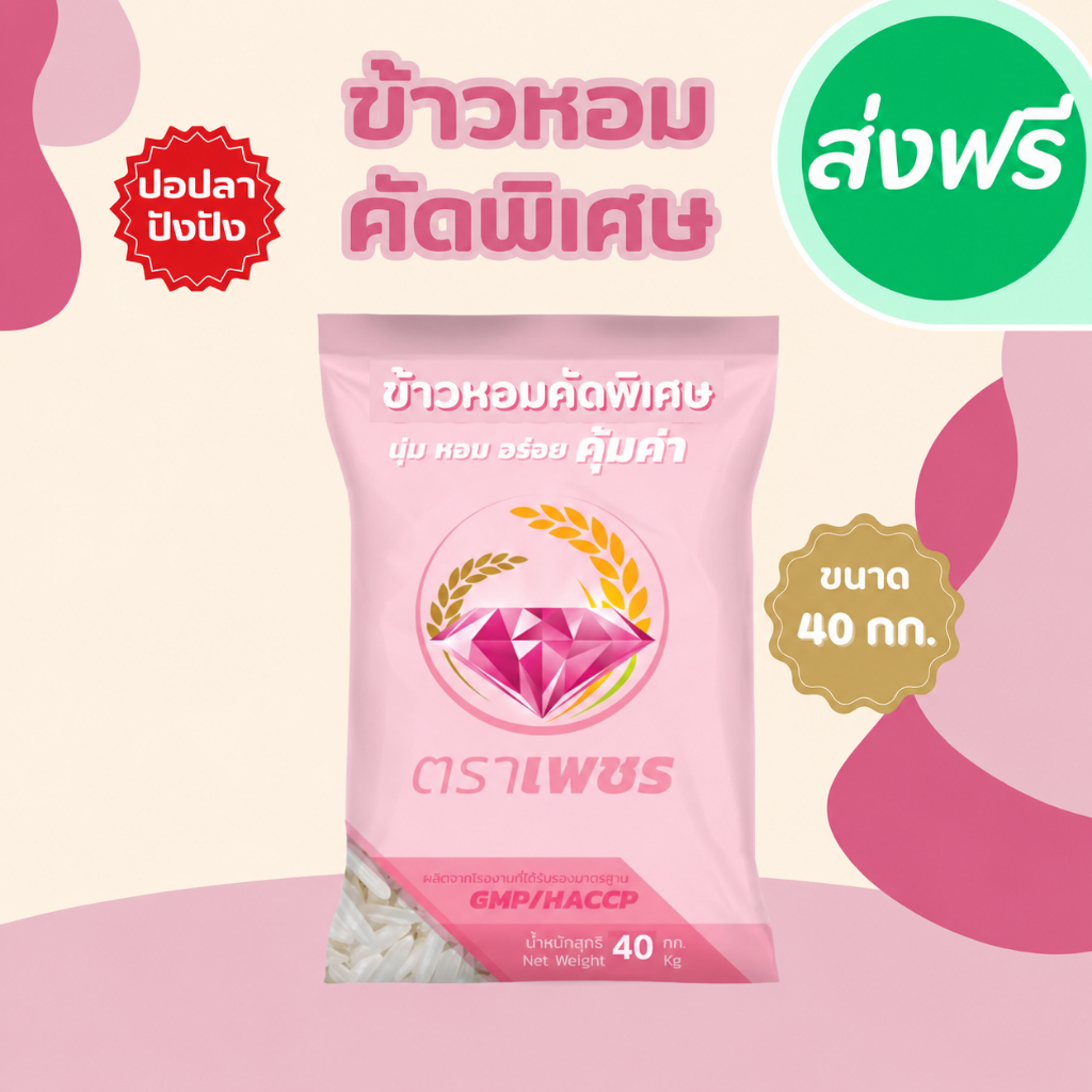 40 กิโลกรัม ข้าวหอมคัดพิเศษ คุ้มค่า ตราเพชร  *ขนาด 40 กิโลกรัม 1 ถุง* ไม่แฉะ ไม่แข็ง หุงนุ่ม หอม อร่อย คุ้มราคา ข้าวหอม