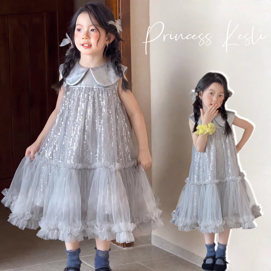 PRINCESS KESLI ชุดเดรสเด็กผู้หญิ แขนกุด คอปกแขนตุ๊กตา ผ้าซีควินส์ ดูหรูหราและน่ารักมาก เหมาะกับงานปาร์ตี้วันเกิด 2-12 ปี
