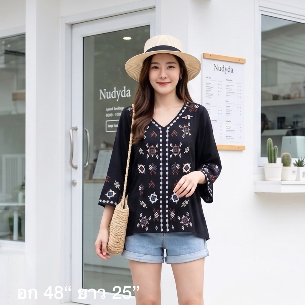 🛍️เสื้อปักโบฮีเมียน อก ~46” ยาว23-25” ผ้าสปัน  (ขนาดจะเขียนอยู่ที่ด้านล่างภาพค่ะ) เนื้อดี ไม่ร้อน ทรงสวย ส่งไว Nudyda