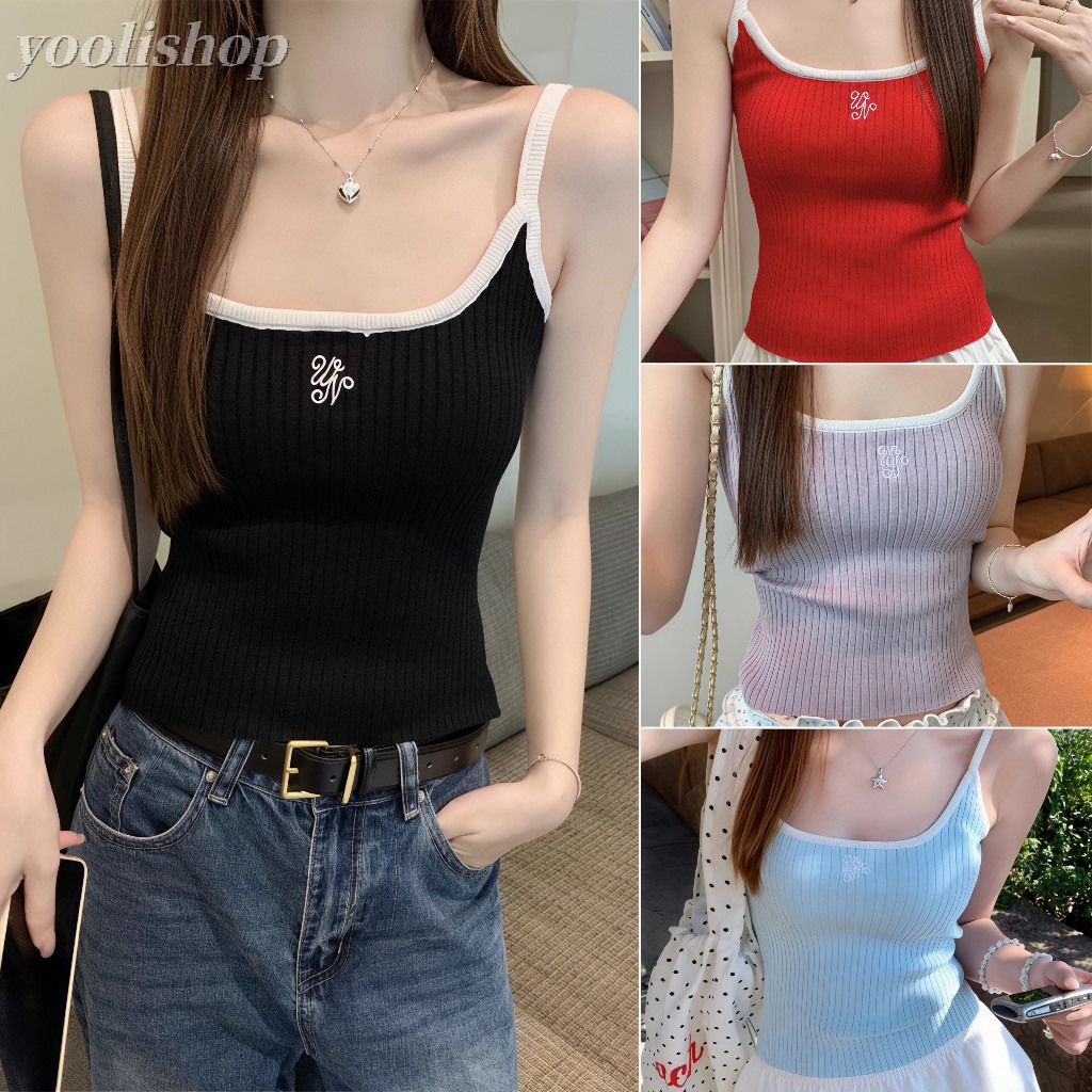 เสื้อแฟชั่นสายเดี่ยว ทรงเข้ารูป ผ้าถักนุ่ม ทรงสั้น สไตล์เกาหลี เสื้อใส่เที่ยวทะเล' Y9911