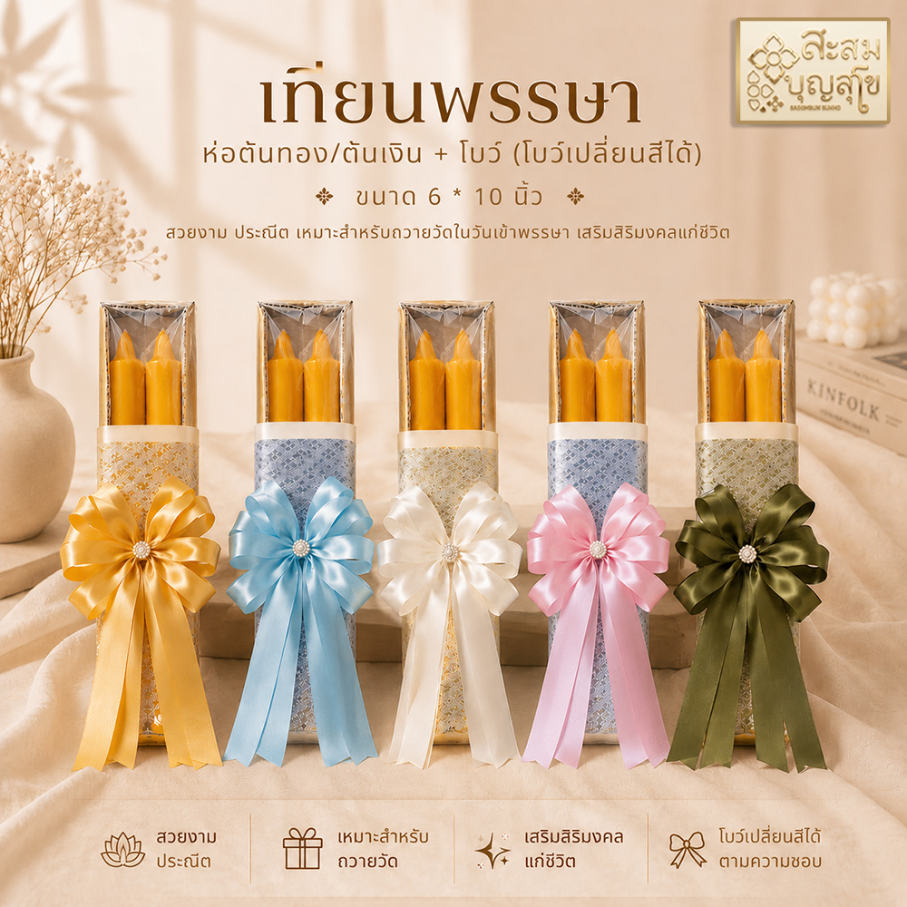 เทียนพรรษา แสงธรรม ผิวเรียบ เนื้อดี พรีเมี่ยม (ห่อดิ้นทอง/ห่อดิ้นเงิน เปลี่ยนสีโบว์ได้) ของใช้ถวายพระ - ร้านสะสมบุญ สุโข
