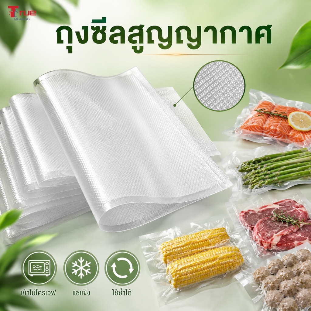 ถุงซีลสูญญากาศ 50 ใบ/แพ็ค ถุงลายนูนถนอมอาหาร เก็บสดนาน ใช้กับเครื่องซีล สำหรับเนื้อ ผัก ผลไม้