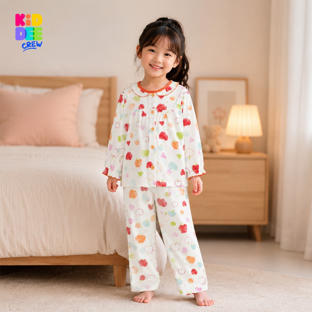 KiddeeCrew ชุดนอนเด็กสีครีมแอปเปิ้ลแดงระบายคอ เหมาะสำหรับอายุ 1-12 ปี