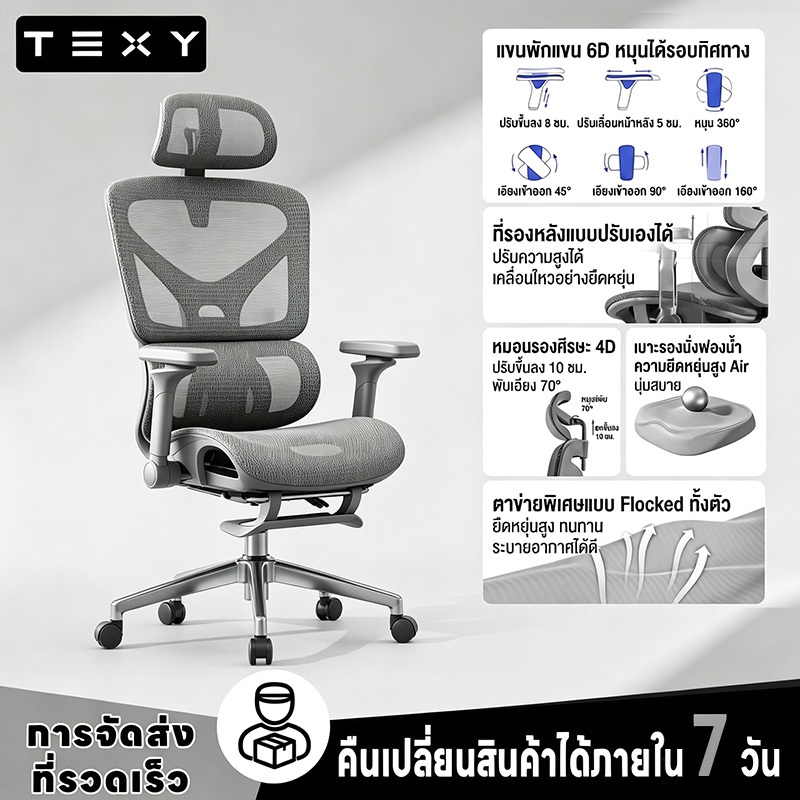 TEXY เก้าอี้สำนักงาน หลักสรีรศาสตร์ ปรับเอน 90-120° ปรับแขนพัก ลดปวดเอวนั่งนาน