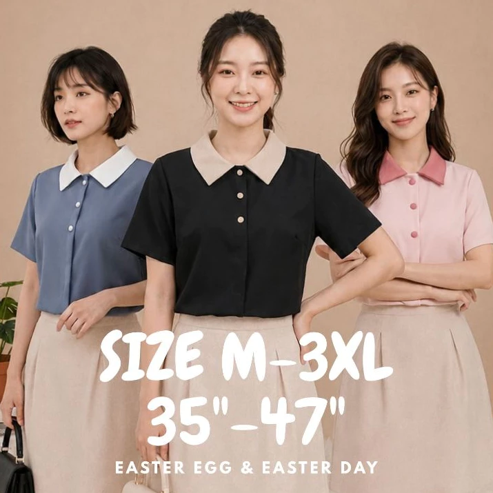 D15 เสื้อทำงาน แขนสั้น คอปก ทูโทน เสื้อยืด แฟชั่น เสื้อดำ เเต่งกระดุมปั๊ม มินิมอล Easter Egg
