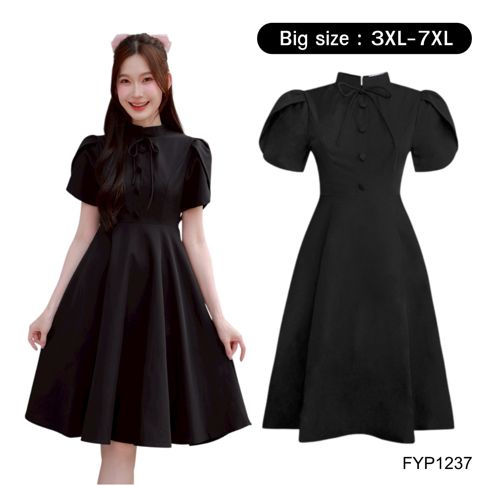 Big size : 3XL-7XL | เดรสยาวแขนตุ๊กตา คอผูกโบว์แต่งกระดุม มีซับใน สีดำ FYP1237