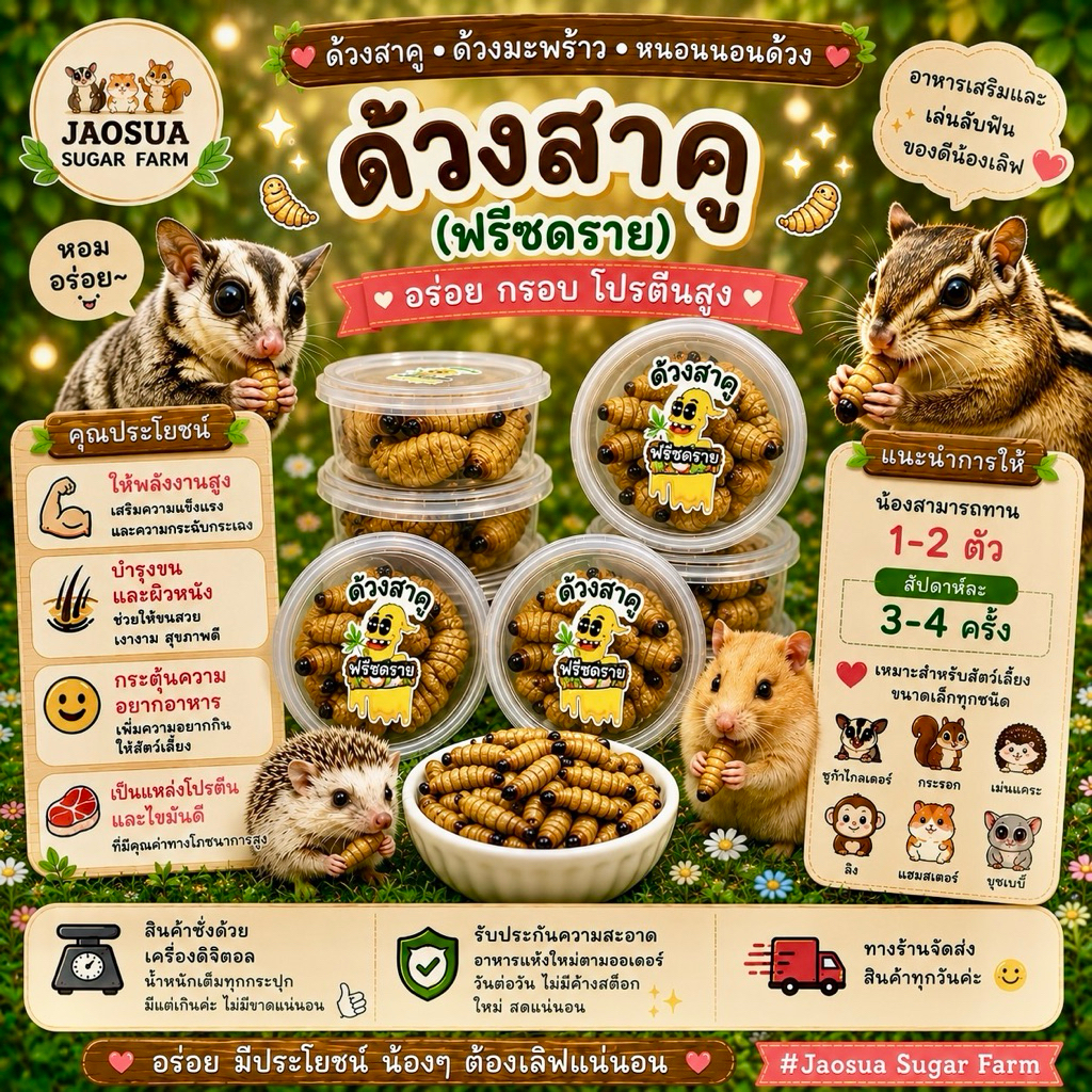 🥥🐛 ดวงสาคู ด้วงมะพร้าว หนอนด้วง ฟรีซดราย ด้วงอบแห้ง ขนาด 25 กรัม สำหรับสัตว์เลี้ยง ชูการ์  ลิง กระรอก แฮมสเตอร์ บุชเบบี้