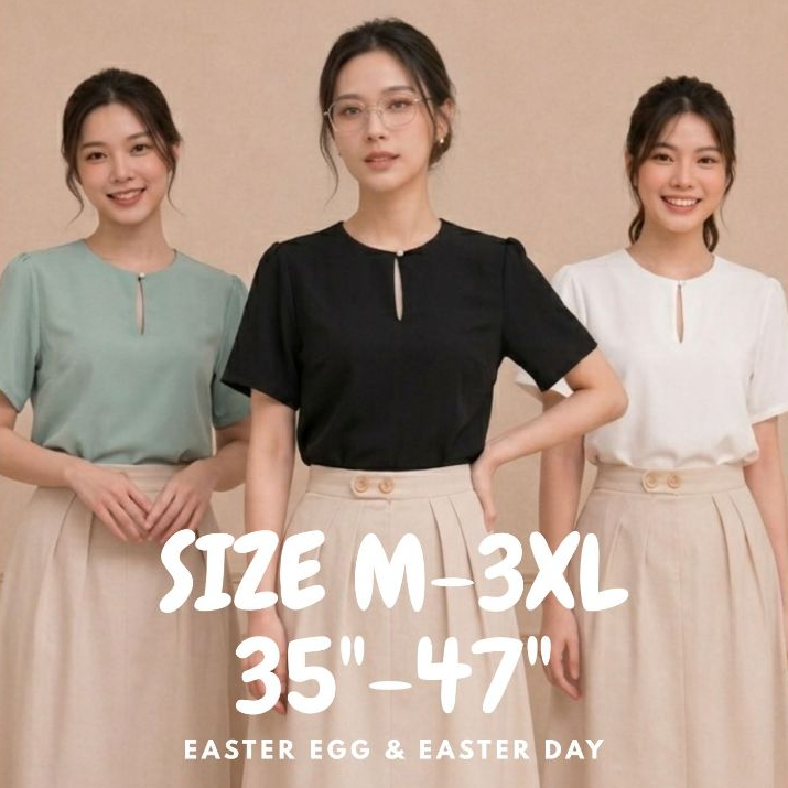 E06 เสื้อแขนสั้น ชุดทำงานผู้หญิง แต่งกระดุมมุกช่วงคอ เสื้อยืด แฟชั่น มินิมอล เรียบหรู Easter Egg