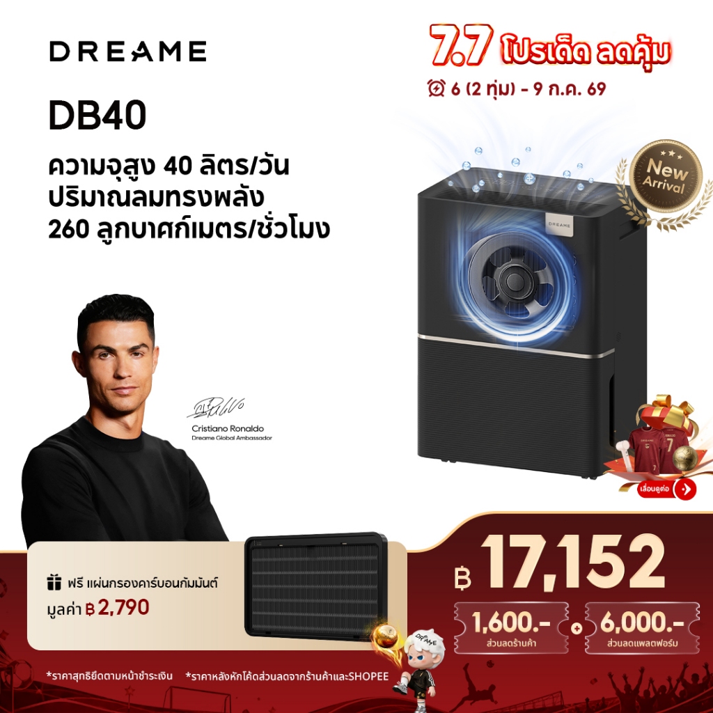 [2026 NEW]Dreame DB40 Dual-Inverter เครื่องลดความชื้น 40L/วัน ครอบคลุม 80ตร.ม. เสียงเบา ประหยัดไฟ ควบคุมผ่านแอป