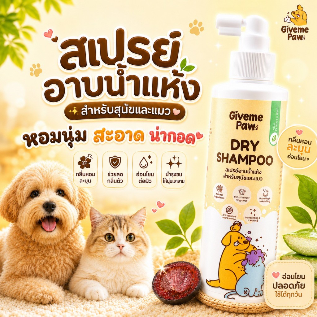 GivemePaw สเปรย์อาบน้ำแห้ง แชมพูแห้ง สำหรับสุนัขและแมว สูตรอ่อนโยน ดับกลิ่น บำรุงขน นุ่มฟู น่ากอด