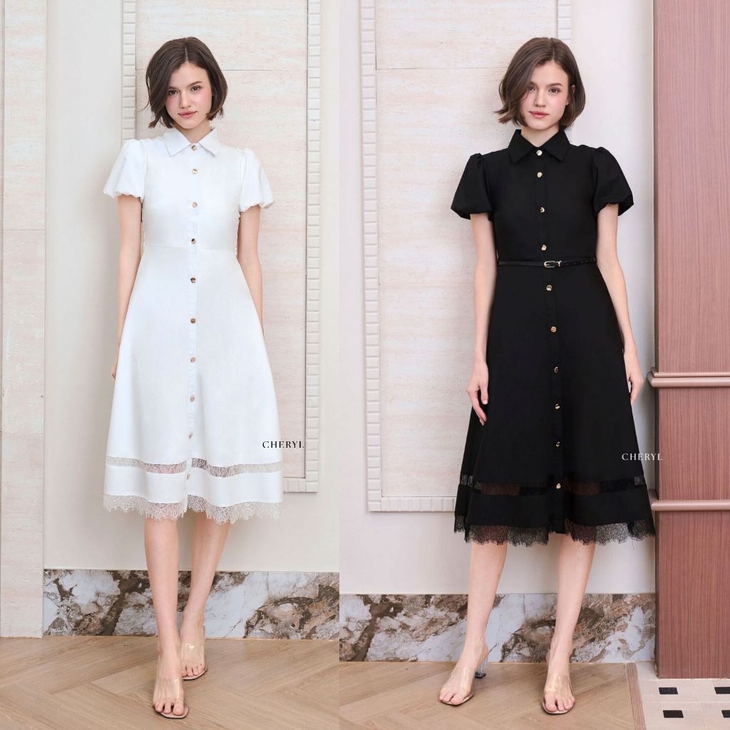 Cheryl brand - Ballina Lace-trimmed Midi Dress / เดรสเชิ้ต แขนบอลลูน
