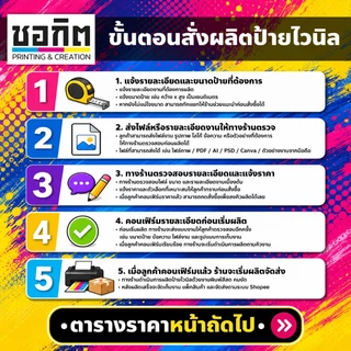 ป้ายไวนิลพร้อมออกแบบฟรี สำหรับร้านค้า พิมพ์สีสด เย็บขอบ เจาะตาไก่