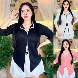 เสื้อสาวอวบ**อก36-44ยาว23 ผ้าร่องเนื้อนิ่ม แต่งแถบตรงคอทูโทน**รุ่น ดาวิทูโทน**