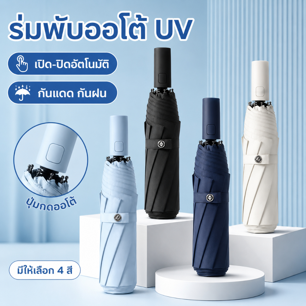 ร่มอัตโนมัติ UV กันแดดกันฝน สีพื้น รุ่นใหญ่ ผ้าร่มหนา เปิด-ปิดอัตโนมัติ พกพาสะดวก