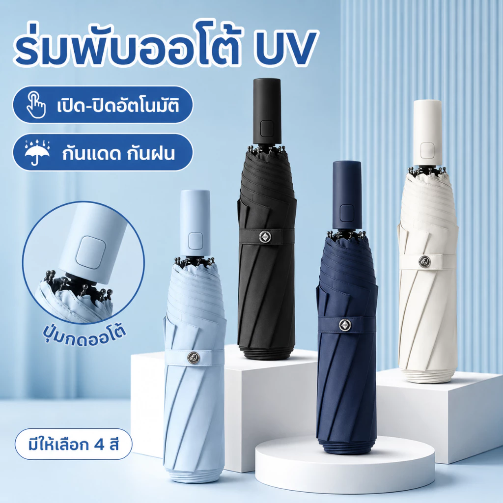 ร่มอัตโนมัติ UV กันแดดกันฝน สีพื้น รุ่นใหญ่ ผ้าร่มหนา เปิด-ปิดอัตโนมัติ พกพาสะดวก